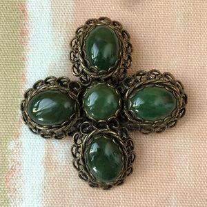 Vintage 1960s green stone brooch with pin back